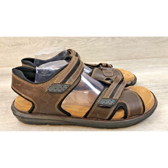 Dr. Scholl's Men's Sandal Brown Leather 13 Slip-On Open Toe Flat Comfort Shoes - Picture 1 of 7